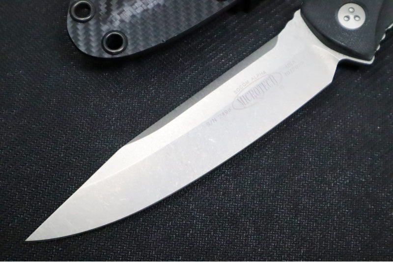 Microtech Socom Alpha S/E - Stonewash Finish / Single Edge / Black G10 Handle 113-10