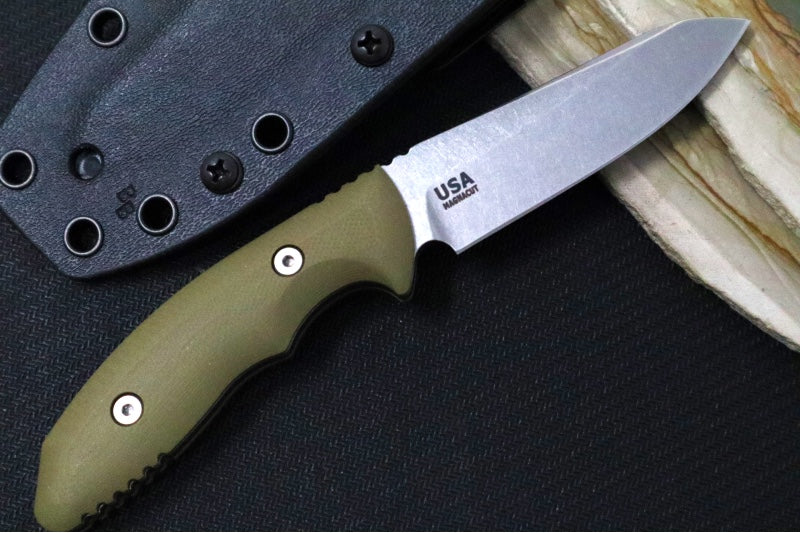 Rick Hinderer Knives Flashpoint Fixed Blade - Stonewashed Finish / CPM-Magnacut Steel / OD Green G-10 Handle / Black Kydex Sheath - Northwest Knives