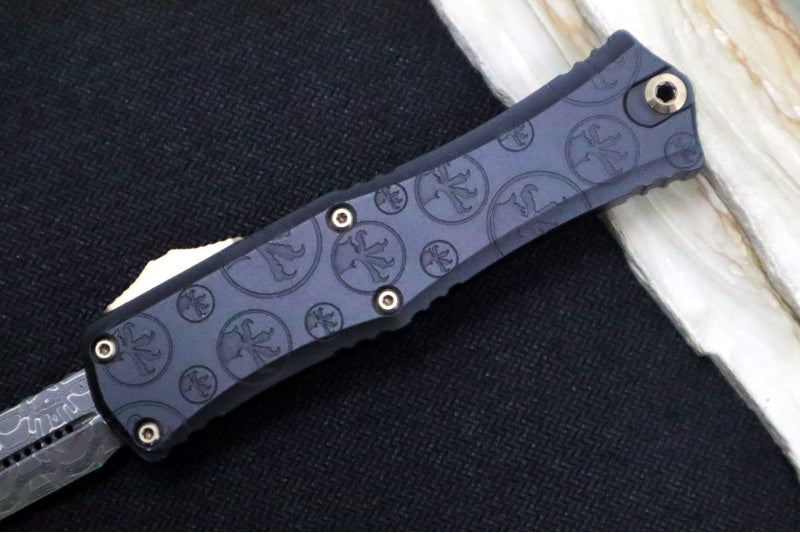 Microtech Mini Hera Signature Series OTF - Damascus Steel / Bayonet Blade / Black Aluminum Handle with Deep Engraved Claw Burst Pattern 1701M-16CBS