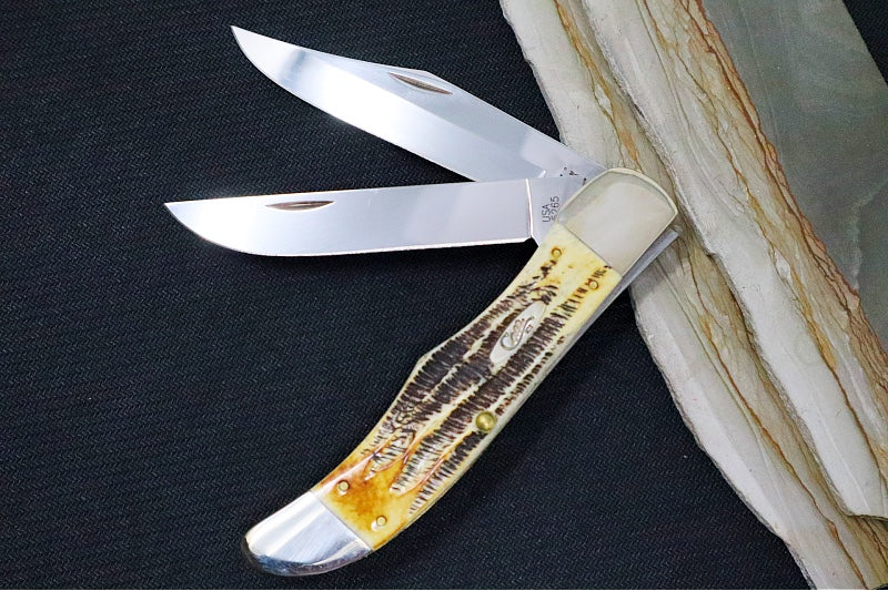 Garage Sale Case 6.5 Bonestag Folding Hunter - Stag Bone Handle / Satin Stainless Blades / Brown Leather Sheath 03574 - Northwest Knives