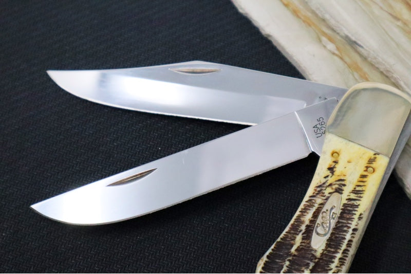 Garage Sale Case 6.5 Bonestag Folding Hunter - Stag Bone Handle / Satin Stainless Blades / Brown Leather Sheath 03574 - Northwest Knives