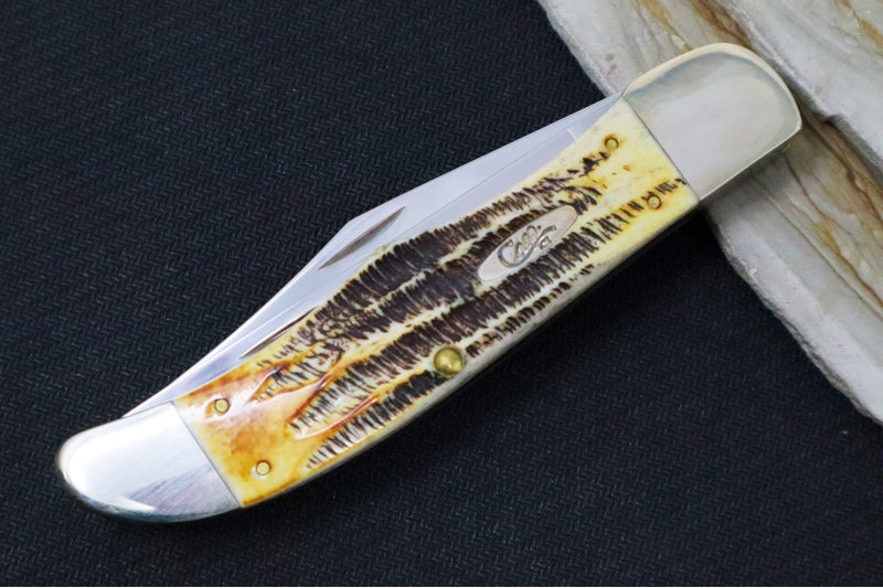 Garage Sale Case 6.5 Bonestag Folding Hunter - Stag Bone Handle / Satin Stainless Blades / Brown Leather Sheath 03574 - Northwest Knives