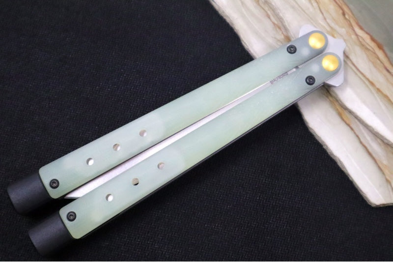 Benchmade Necron 99 Balisong Butterfly Knife - CPM-S30V Steel / Scimitar Blade / Jade G-10 Handle / Removable Tungsten Weights