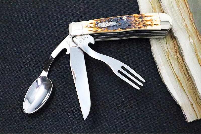 Garage Sale Case Hobo Folder - Amber Bone Jig Handle / Satin Stainless Blade & Fork & Spoon 00052 - Northwest Knives
