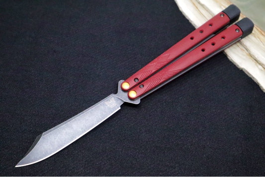 Benchmade Necron 99BK-1 Balisong Butterfly Knife - CPM-S30V Steel / Scimitar Blade / Black DLC Stonewashed Finish / Ruby Red G-10 Handle / Removable Tungsten Weights