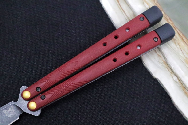 Benchmade Necron 99BK-1 Balisong Butterfly Knife - CPM-S30V Steel / Scimitar Blade / Black DLC Stonewashed Finish / Ruby Red G-10 Handle / Removable Tungsten Weights