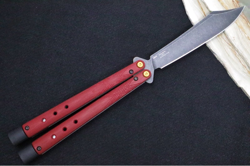 Benchmade Necron 99BK-1 Balisong Butterfly Knife - CPM-S30V Steel / Scimitar Blade / Black DLC Stonewashed Finish / Ruby Red G-10 Handle / Removable Tungsten Weights - Northwest Knives