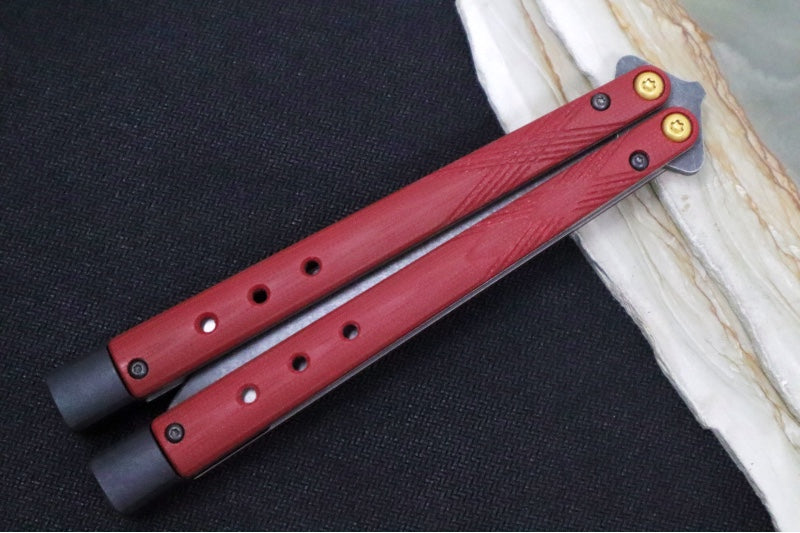 Benchmade Necron 99BK-1 Balisong Butterfly Knife - CPM-S30V Steel / Scimitar Blade / Black DLC Stonewashed Finish / Ruby Red G-10 Handle / Removable Tungsten Weights