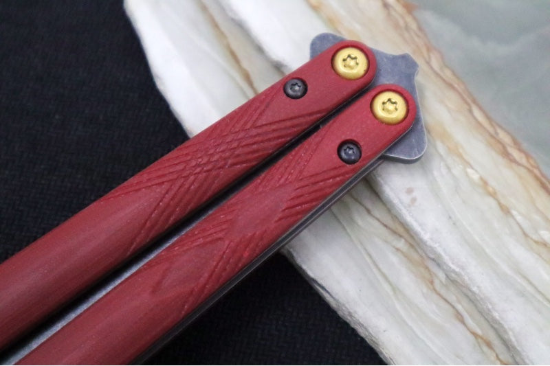 Benchmade Necron 99BK-1 Balisong Butterfly Knife - CPM-S30V Steel / Scimitar Blade / Black DLC Stonewashed Finish / Ruby Red G-10 Handle / Removable Tungsten Weights