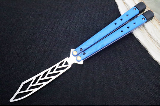 Benchmade Necron 99T Balisong Butterfly Knife Trainer - 440C Stainless Steel / Dull Skeletonized Scimitar Blade / Satin Finish / Blue G-10 Handle / Removable Tungsten Weights