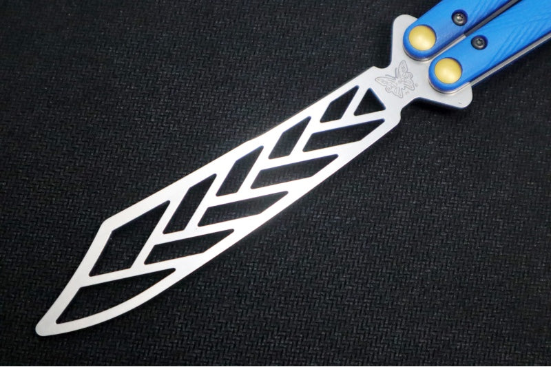 Benchmade Necron 99T Balisong Butterfly Knife Trainer - 440C Stainless Steel / Dull Skeletonized Scimitar Blade / Satin Finish / Blue G-10 Handle / Removable Tungsten Weights - Northwest Knives