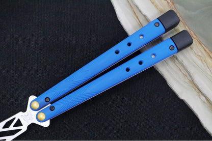 Benchmade Necron 99T Balisong Butterfly Knife Trainer - 440C Stainless Steel / Dull Skeletonized Scimitar Blade / Satin Finish / Blue G-10 Handle / Removable Tungsten Weights