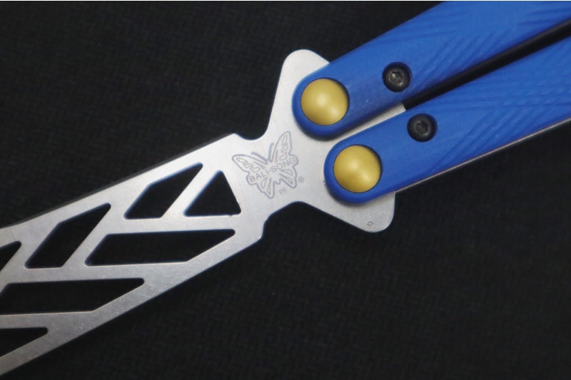 Benchmade Necron 99T Balisong Butterfly Knife Trainer - 440C Stainless Steel / Dull Skeletonized Scimitar Blade / Satin Finish / Blue G-10 Handle / Removable Tungsten Weights