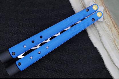 Benchmade Necron 99T Balisong Butterfly Knife Trainer - 440C Stainless Steel / Dull Skeletonized Scimitar Blade / Satin Finish / Blue G-10 Handle / Removable Tungsten Weights