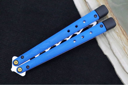 Benchmade Necron 99T Balisong Butterfly Knife Trainer - 440C Stainless Steel / Dull Skeletonized Scimitar Blade / Satin Finish / Blue G-10 Handle / Removable Tungsten Weights