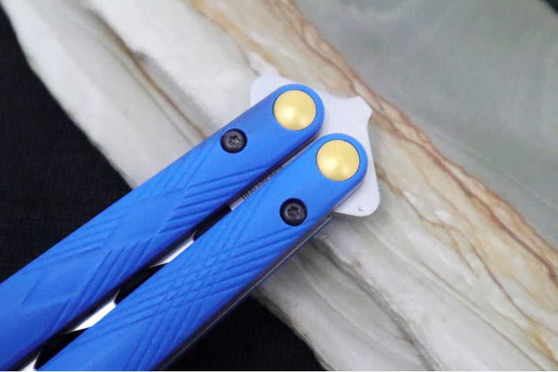 Benchmade Necron 99T Balisong Butterfly Knife Trainer - 440C Stainless Steel / Dull Skeletonized Scimitar Blade / Satin Finish / Blue G-10 Handle / Removable Tungsten Weights - Northwest Knives