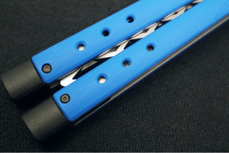 Benchmade Necron 99T Balisong Butterfly Knife Trainer - 440C Stainless Steel / Dull Skeletonized Scimitar Blade / Satin Finish / Blue G-10 Handle / Removable Tungsten Weights - Northwest Knives