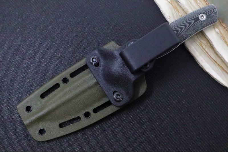 SURVIVE! EDC-4 - Black Linen Micarta Handle / Saber Grind / Drop Point Blade / Böhler K890 Steel / OD Green Kydex Sheath