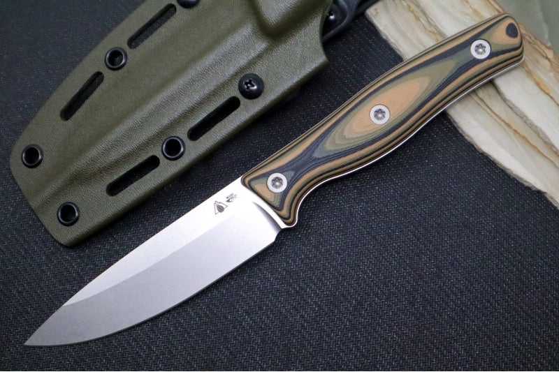 SURVIVE! EDC-4 - 3 Color Camo  G-10 Handle / Saber Grind / Drop Point Blade / Böhler M390 Steel / OD Green Kydex Sheath