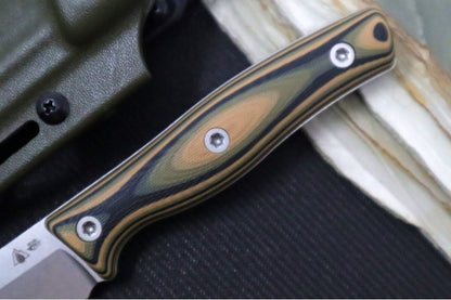 SURVIVE! EDC-4 - 3 Color Camo  G-10 Handle / Saber Grind / Drop Point Blade / Böhler M390 Steel / OD Green Kydex Sheath