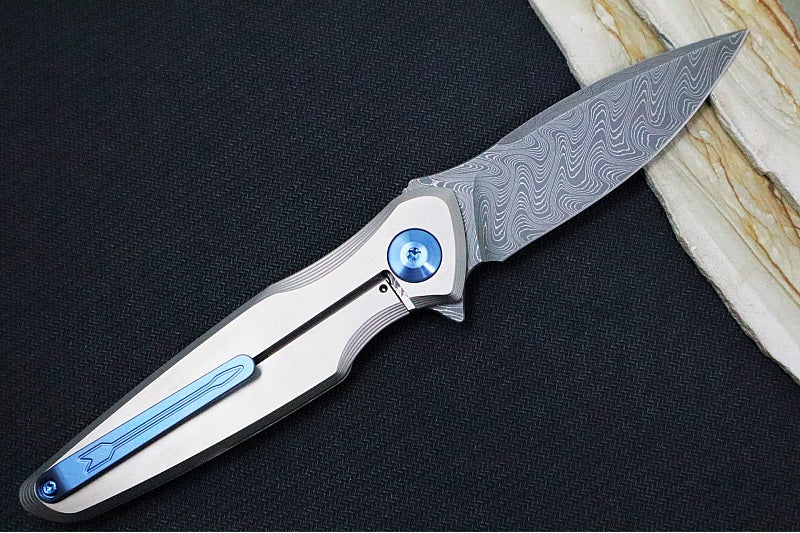 Spartan Blades Pandia Flipper - Spear Point Blade / Damascus Steel / Titanium Handle & Blue Anodized Accents SF16DMBL - Northwest Knives