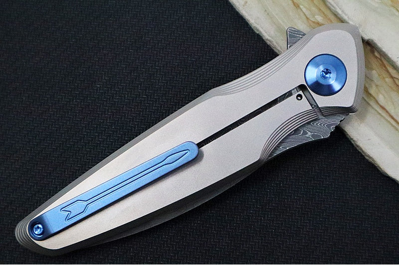 Spartan Blades Pandia Flipper - Spear Point Blade / Damascus Steel / Titanium Handle & Blue Anodized Accents SF16DMBL - Northwest Knives