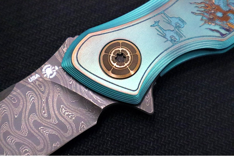 Spartan Blades Pandia Flipper Custom Five Rings Project FIRE - Spear Point Blade / Damascus Steel / Custom "Five Rings Project FIRE" Anodized Titanium Handle SF16CUSTOMDAMASCUS - Northwest Knives