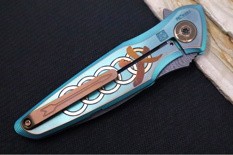 Spartan Blades Pandia Flipper Custom Five Rings Project FIRE - Spear Point Blade / Damascus Steel / Custom "Five Rings Project FIRE" Anodized Titanium Handle SF16CUSTOMDAMASCUS - Northwest Knives