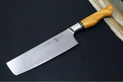 Ryda Knives ST-650 7" Nakiri - 73 Layers High Carbon Damascus Steel - Stabilized Figured Olive Wood Handle - Made in Sweden - Northwest Knives