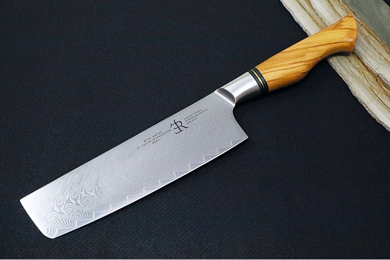 Ryda Knives ST-650 7" Nakiri - 73 Layers High Carbon Damascus Steel - Stabilized Figured Olive Wood Handle - Made in Sweden - Northwest Knives