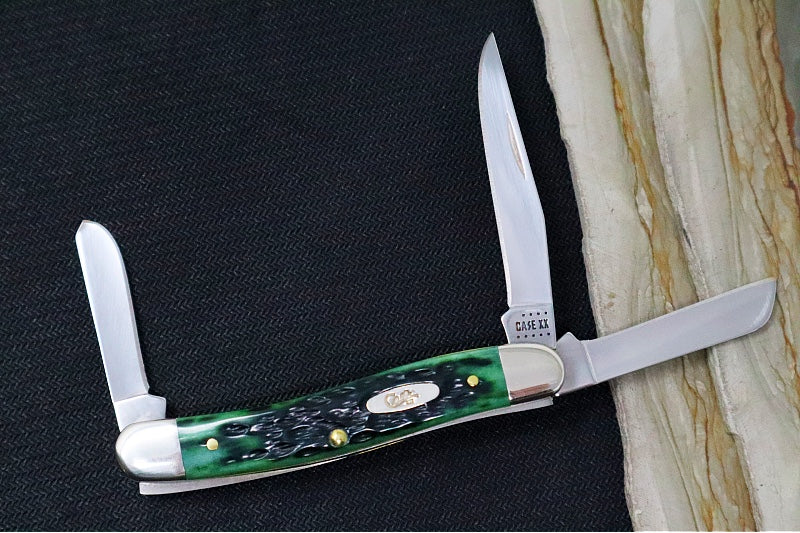 Garage Sale Case Medium Stockman - Pocket Worn Bermuda Green Bone Peach Sid Jig Handle / 3 Satin Stainless Blades 09721 - Northwest Knives