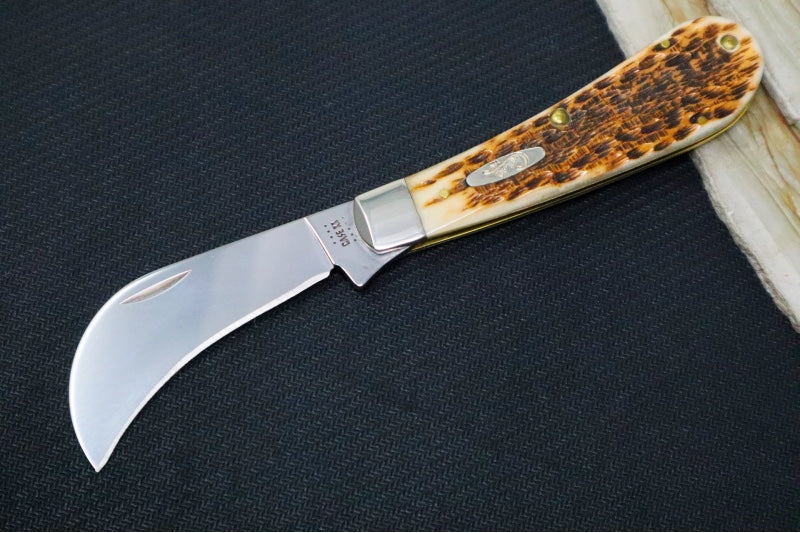 Garage Sale Case Knives Barehead Hawkbill Pruner - Tru-Sharp Stainless Steel / Amber Bone Peach Seed Jig 00249 - Northwest Knives