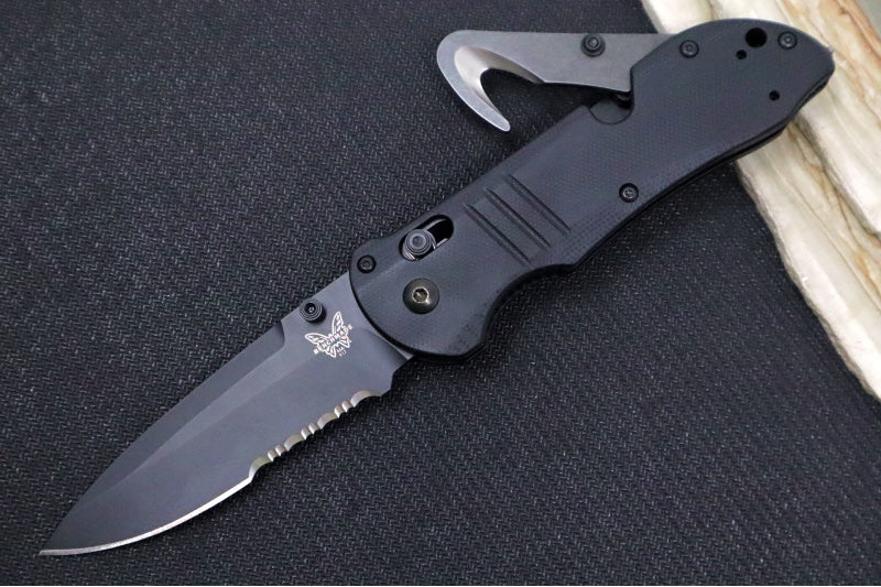 Benchmade 917SBK - CPM-S30V Steel / Black Finish / Drop Point Blade with Serrates / Black G-10 Handle / 440C Folding Rescue Hook