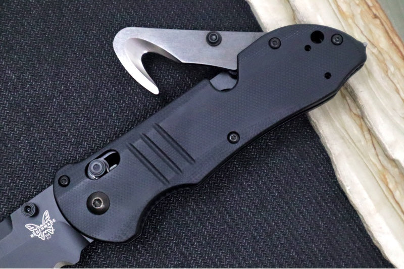 Benchmade 917SBK - CPM-S30V Steel / Black Finish / Drop Point Blade with Serrates / Black G-10 Handle / 440C Folding Rescue Hook - Northwest Knives