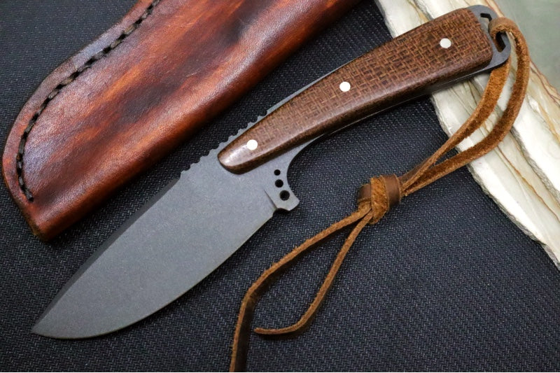 Emery Custom Knives Fixed Blade 4" - Burlap Micarta Handle / CPM-S35VN Blade / Hand-Stitched Brown Leather Sheath 352584509104