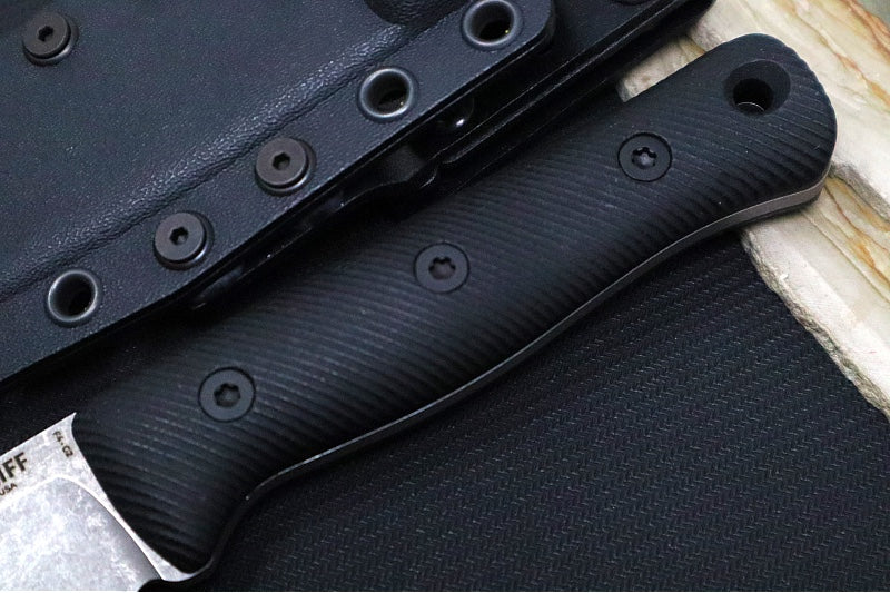 Reiff Knives F4 GEN2 Fixed Blade - Textured Black Canvas Micarta Handle / CPM-3V Steel / Stonewashed Drop Point Blade / Black Kydex Sheath - Northwest Knives
