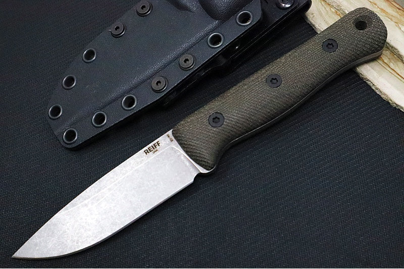 Reiff Knives F4 GEN2 Fixed Blade - Textured Green Canvas Micarta Handle / CPM-3V Steel / Stonewashed Drop Point Blade / Black Kydex Sheath - Northwest Knives