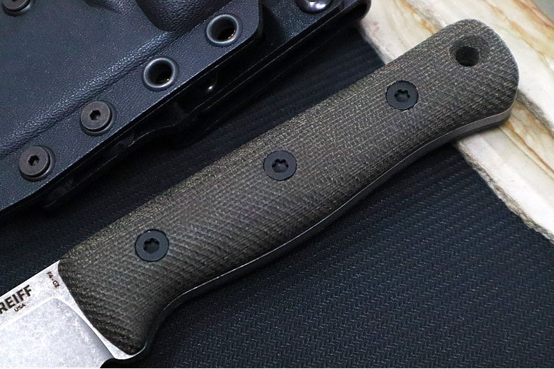 Reiff Knives F4 GEN2 Fixed Blade - Textured Green Canvas Micarta Handle / CPM-3V Steel / Stonewashed Drop Point Blade / Black Kydex Sheath - Northwest Knives