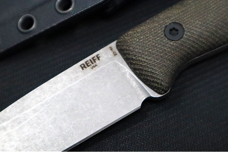 Reiff Knives F4 GEN2 Fixed Blade - Textured Green Canvas Micarta Handle / CPM-3V Steel / Stonewashed Drop Point Blade / Black Kydex Sheath - Northwest Knives