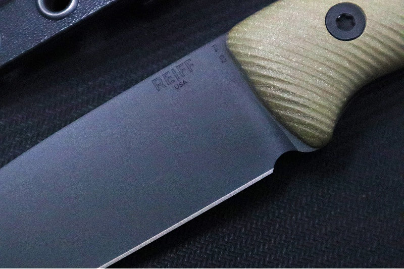 Reiff Knives F4 GEN2 Fixed Blade - Textured Green Canvas Micarta Handle / CPM-3V Steel / Black DLC Drop Point Blade / Black Kydex Sheath - Northwest Knives