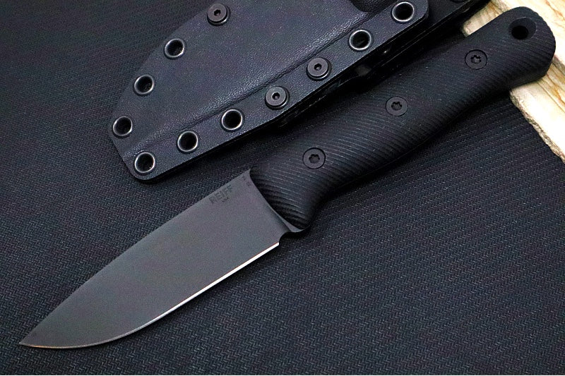 Reiff Knives F4 GEN2 Fixed Blade - Textured Black Canvas Micarta Handle / CPM-3V Steel / Black DLC Drop Point Blade / Black Kydex Sheath - Northwest Knives