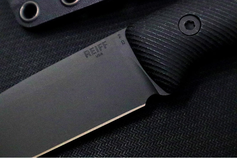 Reiff Knives F4 GEN2 Fixed Blade - Textured Black Canvas Micarta Handle / CPM-3V Steel / Black DLC Drop Point Blade / Black Kydex Sheath - Northwest Knives
