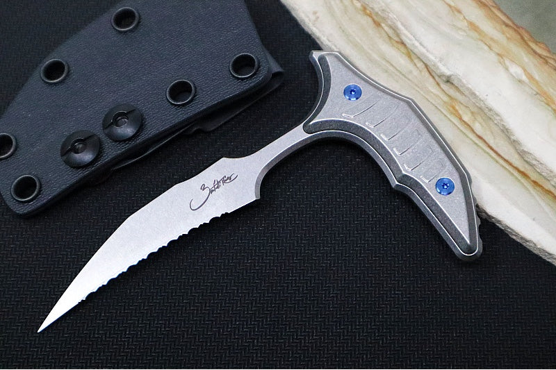 Microtech Marfione Select BEE Push Dagger - 440C Stonewashed Wharncliffe Serrated Blade / Stonewashed Titanium Handles / Blue Accents / Kydex IWB Sheath - Northwest Knives