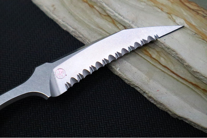Microtech Marfione Select BEE Push Dagger - 440C Stonewashed Wharncliffe Serrated Blade / Stonewashed Titanium Handles / Blue Accents / Kydex IWB Sheath - Northwest Knives