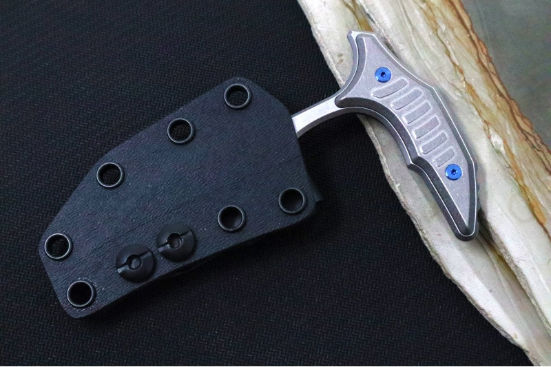 Microtech Marfione Select BEE Push Dagger - 440C Stonewashed Wharncliffe Serrated Blade / Stonewashed Titanium Handles / Blue Accents / Kydex IWB Sheath - Northwest Knives