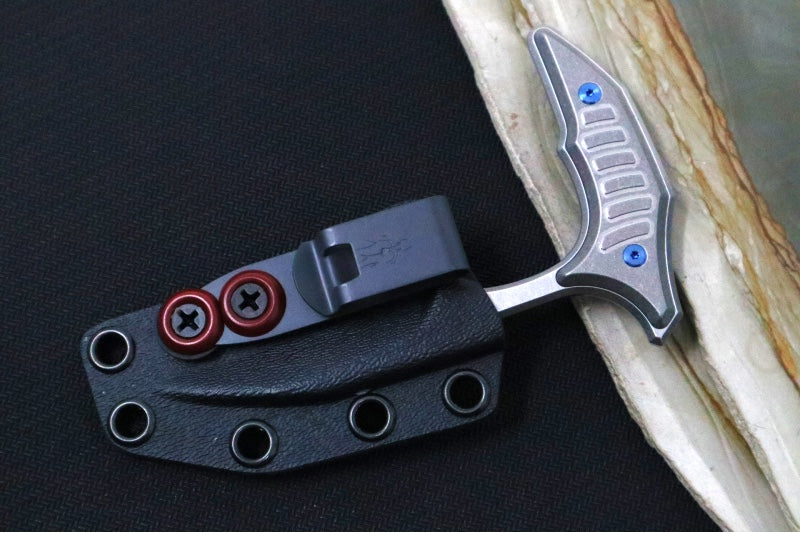Microtech Marfione Select BEE Push Dagger - 440C Stonewashed Wharncliffe Serrated Blade / Stonewashed Titanium Handles / Blue Accents / Kydex IWB Sheath - Northwest Knives