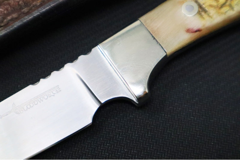 Bloodworth Custom Knives Fixed Blade - Hunter - 1080 Carbon Steel Blde - Ram Horn Handle - Brown Leather Sheath - Northwest Knives