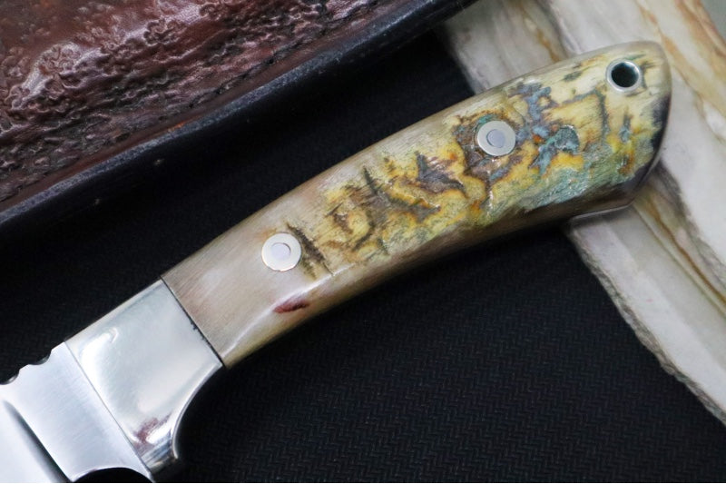 Bloodworth Custom Knives Fixed Blade - Hunter - 1080 Carbon Steel Blde - Ram Horn Handle - Brown Leather Sheath - Northwest Knives