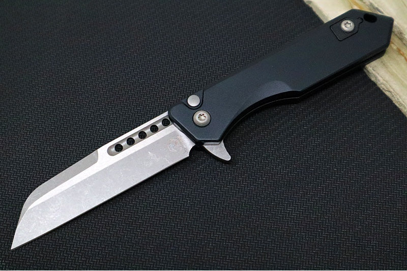 Heretic Knives Jinn Flipper - Black Anodized Aluminum Handle / Battleworn Finished Blade / Sheepsfoot Style - Northwest Knives