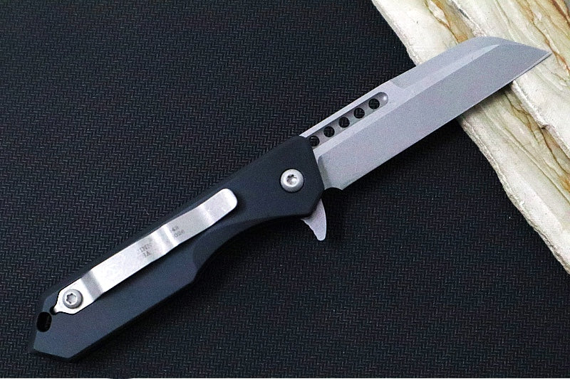 Heretic Knives Jinn Flipper - Black Anodized Aluminum Handle / Battleworn Finished Blade / Sheepsfoot Style - Northwest Knives